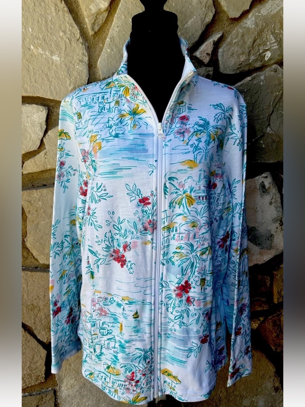 Kim Rogers 100% Cotton Terry Lined Jacket XL Multicolor Tropical Print‎ Zip NWOT